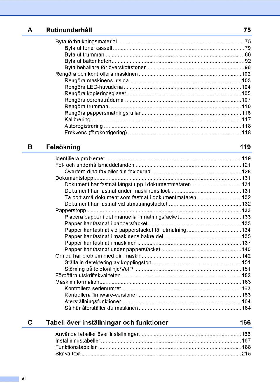 ..117 Autoregistrering...118 Frekvens (färgkorrigering)...118 B Felsökning 119 Identifiera problemet...119 Fel- och underhållsmeddelanden...121 Överföra dina fax eller din faxjournal.