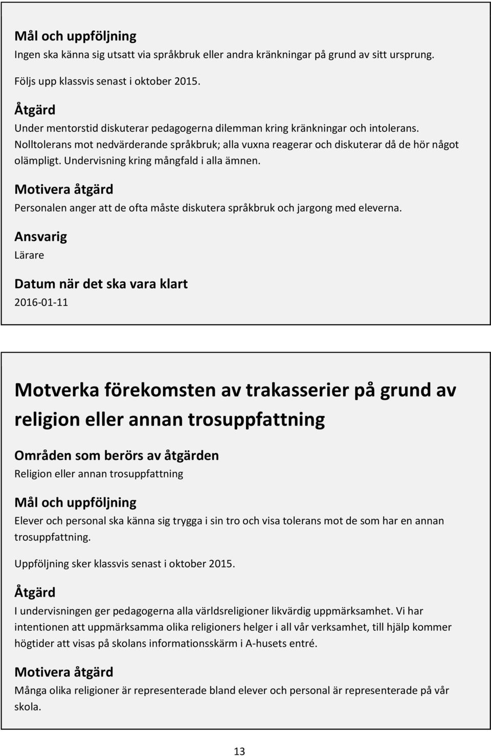 Undervisning kring mångfald i alla ämnen. Motivera åtgärd Personalen anger att de ofta måste diskutera språkbruk och jargong med eleverna.