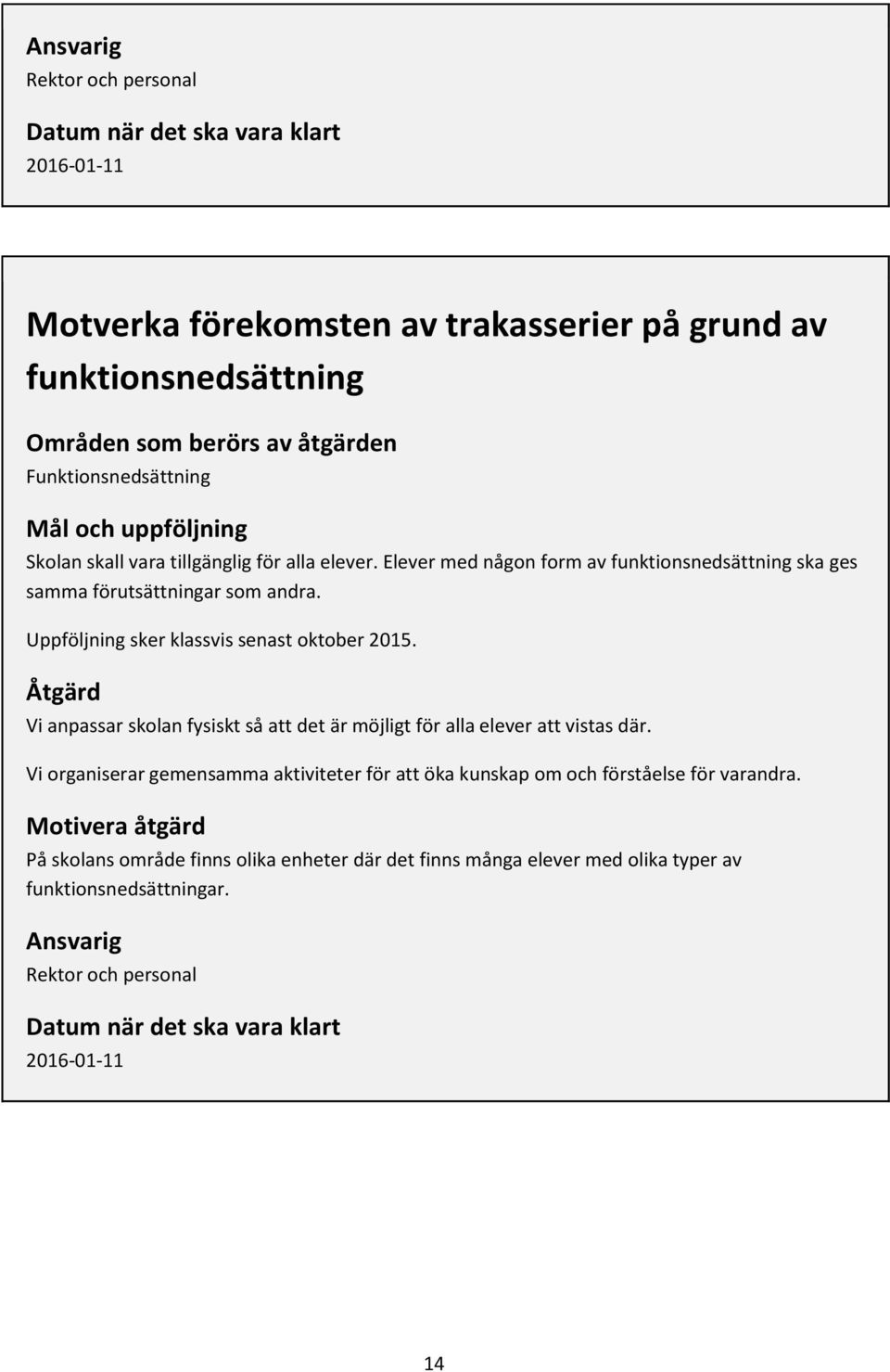 Uppföljning sker klassvis senast oktober 2015. Åtgärd Vi anpassar skolan fysiskt så att det är möjligt för alla elever att vistas där.