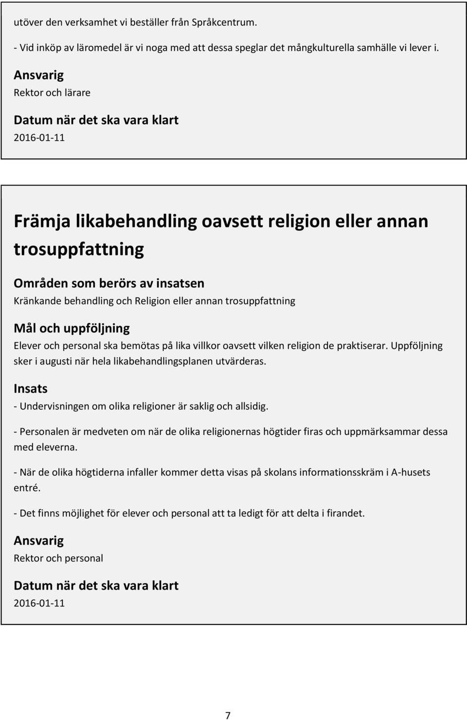 eller annan trosuppfattning Mål och uppföljning Elever och personal ska bemötas på lika villkor oavsett vilken religion de praktiserar.