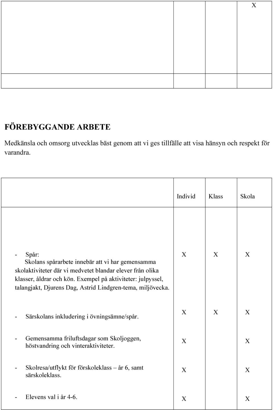 åldrar och kön. Exempel på aktiviteter: julpyssel, talangjakt, Djurens Dag, Astrid Lindgren-tema, miljövecka.