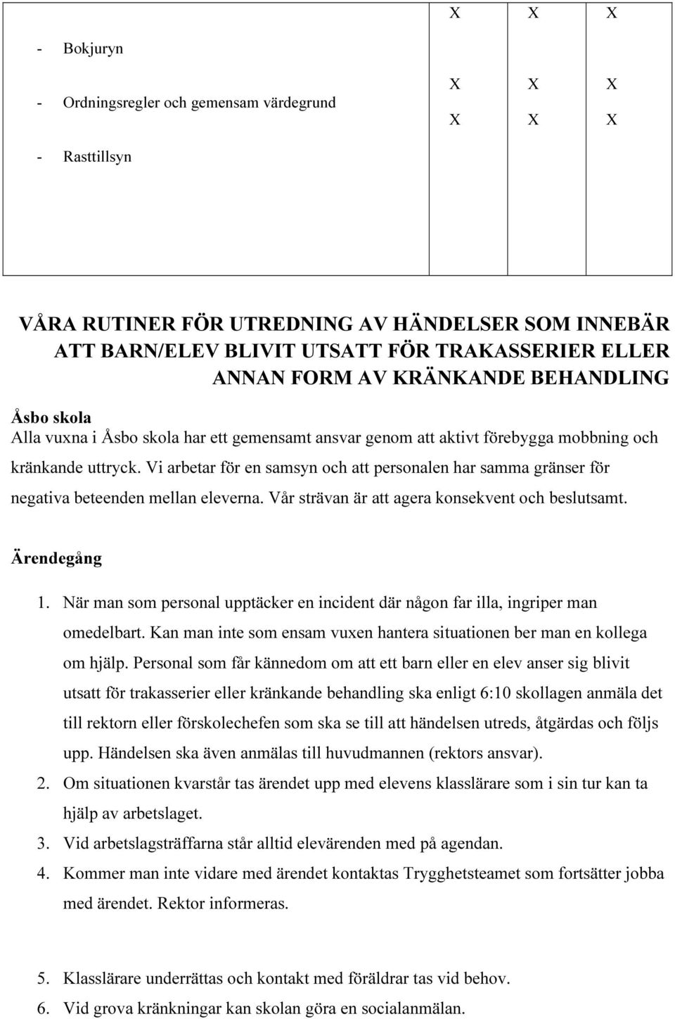 Vi arbetar för en samsyn och att personalen har samma gränser för negativa beteenden mellan eleverna. Vår strävan är att agera konsekvent och beslutsamt. Ärendegång 1.