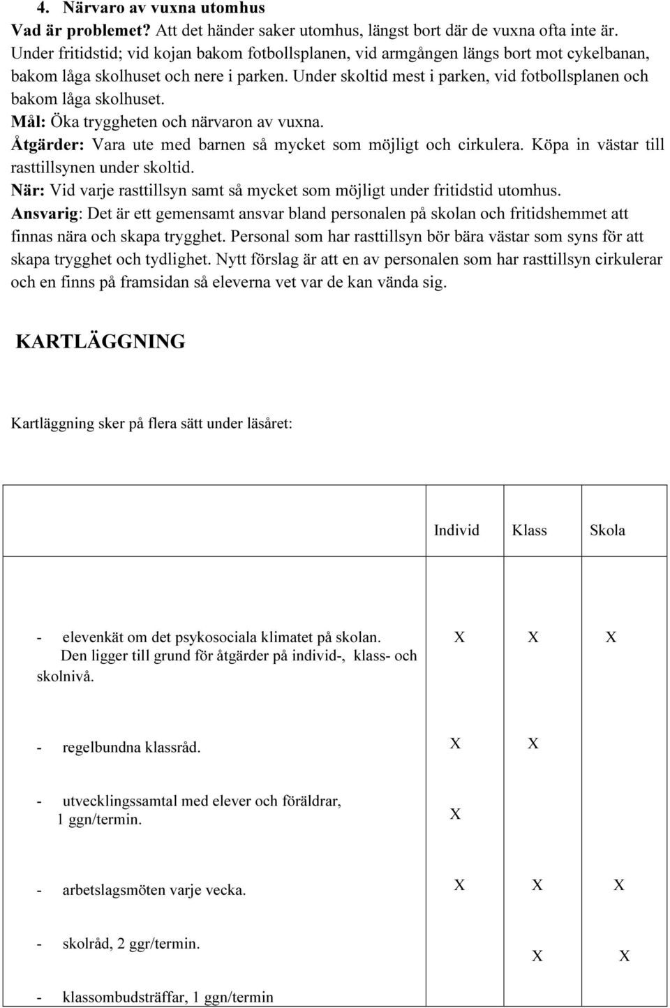 Under skoltid mest i parken, vid fotbollsplanen och bakom låga skolhuset. Mål: Öka tryggheten och närvaron av vuxna. Åtgärder: Vara ute med barnen så mycket som möjligt och cirkulera.