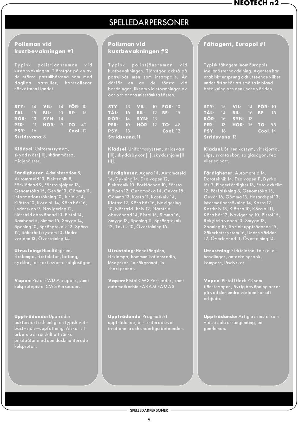 Färdigheter: Administration 8, Automateld 13, Elektronik 8, Förklädnad 9, Första hjälpen 13, Genomsöka 15, Gevär 13, Gömma 11, Informationssökning 10, Juridik 14, Klättra 10, Köra bil 14, Köra båt