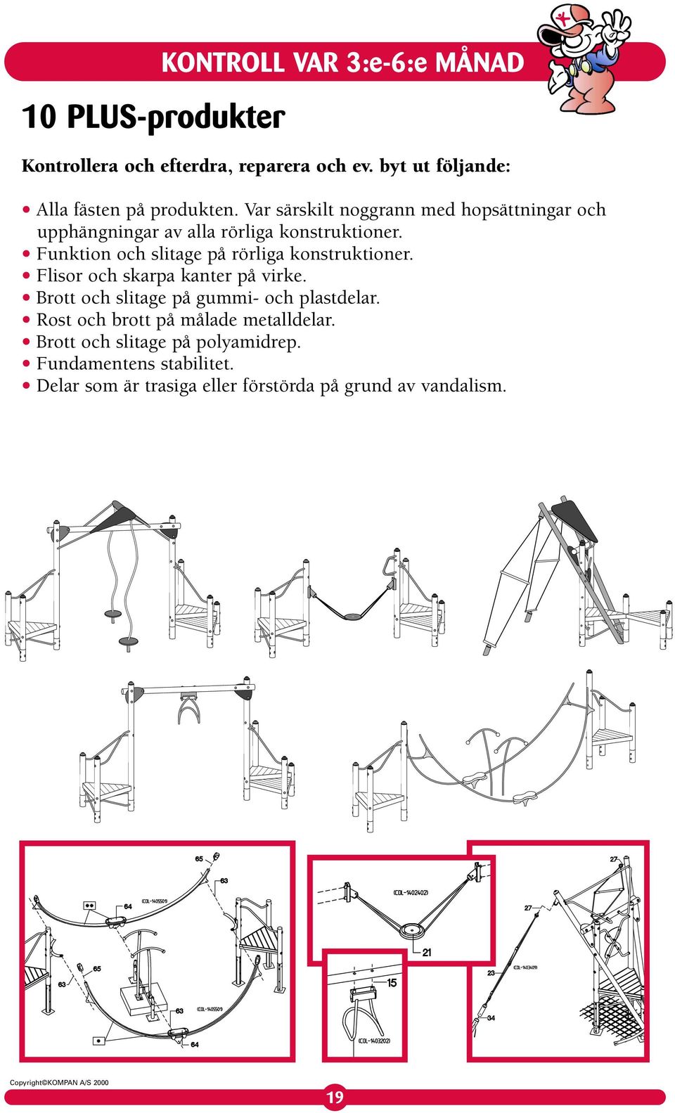 Funktion och slitage på rörliga konstruktioner. Flisor och skarpa kanter på virke.