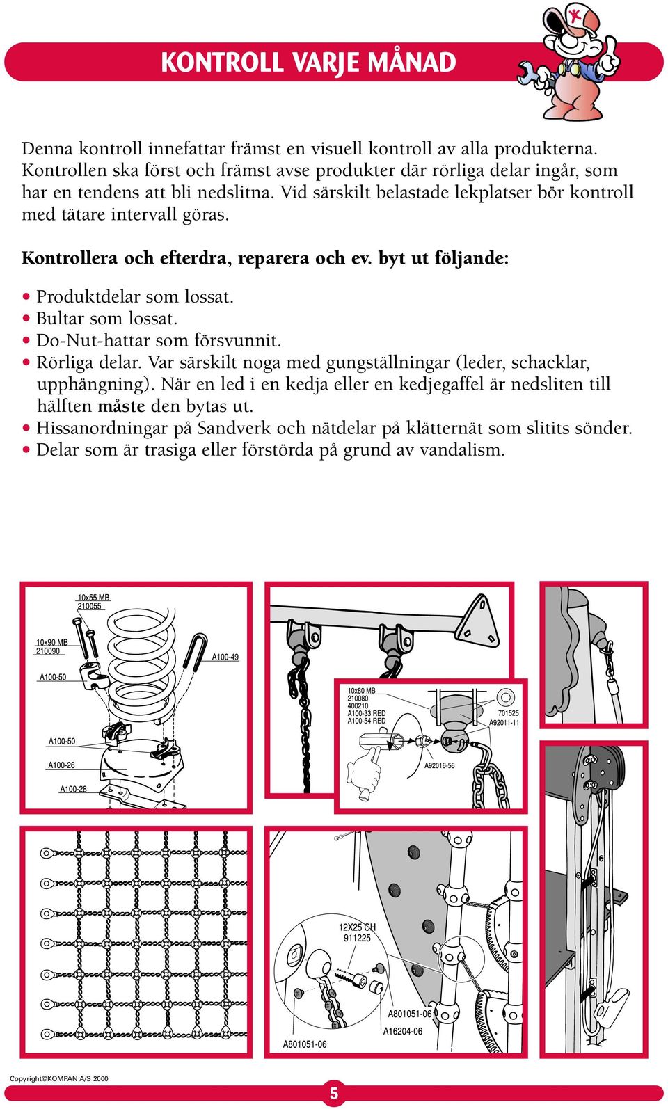 Vid särskilt belastade lekplatser bör kontroll med tätare intervall göras. Produktdelar som lossat. Bultar som lossat. Do-Nut-hattar som försvunnit. Rörliga delar.