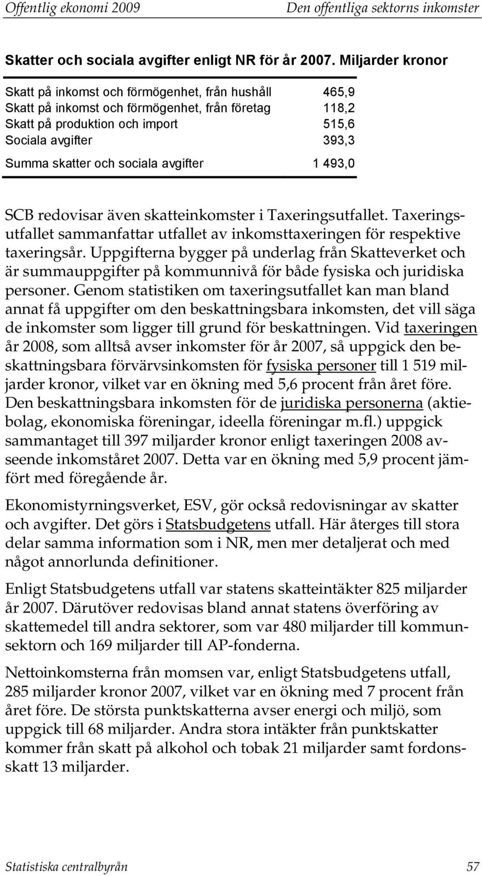 och sociala avgifter 1 493,0 SCB redovisar även skatteinkomster i Taxeringsutfallet. Taxeringsutfallet sammanfattar utfallet av inkomsttaxeringen för respektive taxeringsår.