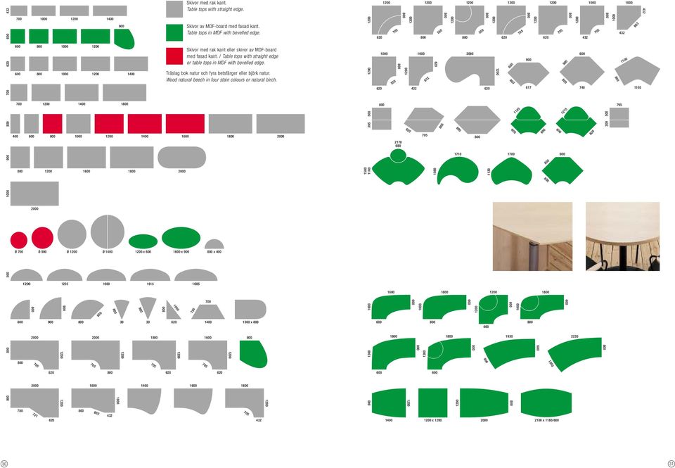 Träslag bok natur och fyra betsfärger eller björk natur. Wood natural beech in four stain colours or natural birch.