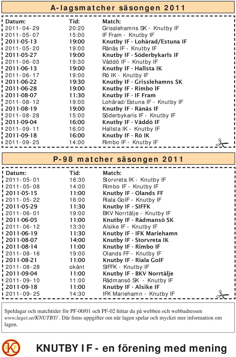 - Grisslehamns SK 2011-06-28 19:00 Knutby IF - Rimbo IF 2011-08-07 11:30 Knutby IF - IF Fram 2011-08-12 19:00 Lohärad/Estuna IF - Knutby IF 2011-08-19 19:00 Knutby IF - Rånäs IF 2011-08-28 15:00