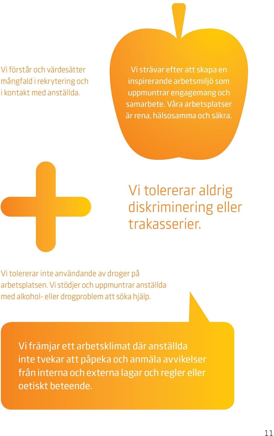 Våra arbetsplatser är rena, hälsosamma och säkra. Vi tolererar aldrig diskriminering eller trakasserier.
