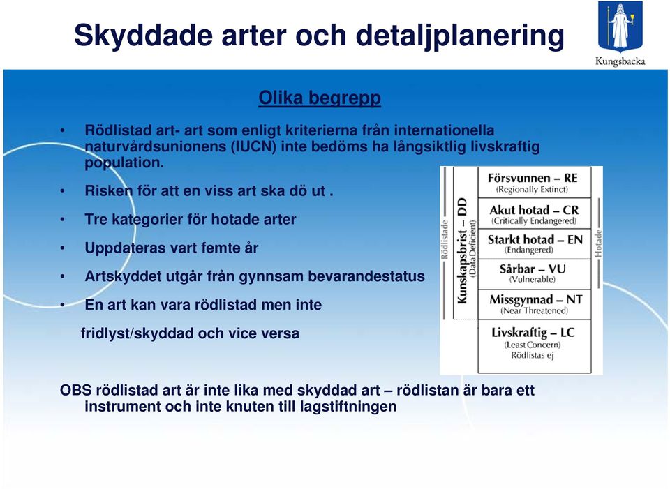 Tre kategorier för hotade arter Uppdateras vart femte år Artskyddet utgår från gynnsam bevarandestatus En art kan vara