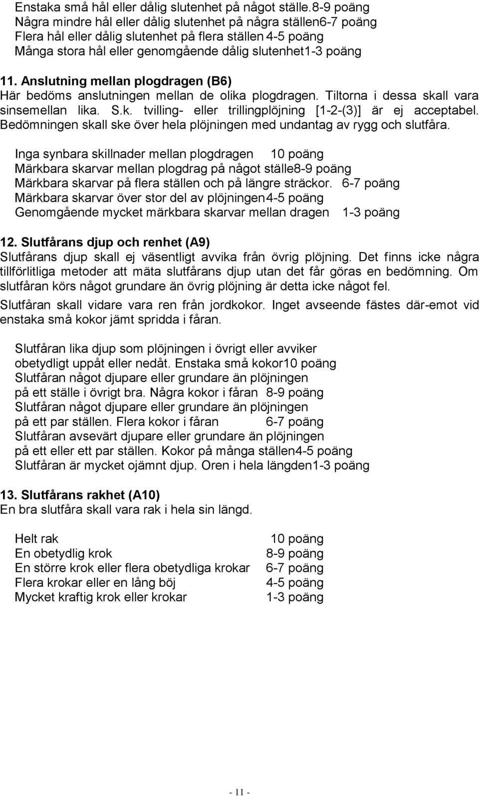 Anslutning mellan plogdragen (B6) Här bedöms anslutningen mellan de olika plogdragen. Tiltorna i dessa skall vara sinsemellan lika. S.k. tvilling- eller trillingplöjning [1-2-(3)] är ej acceptabel.