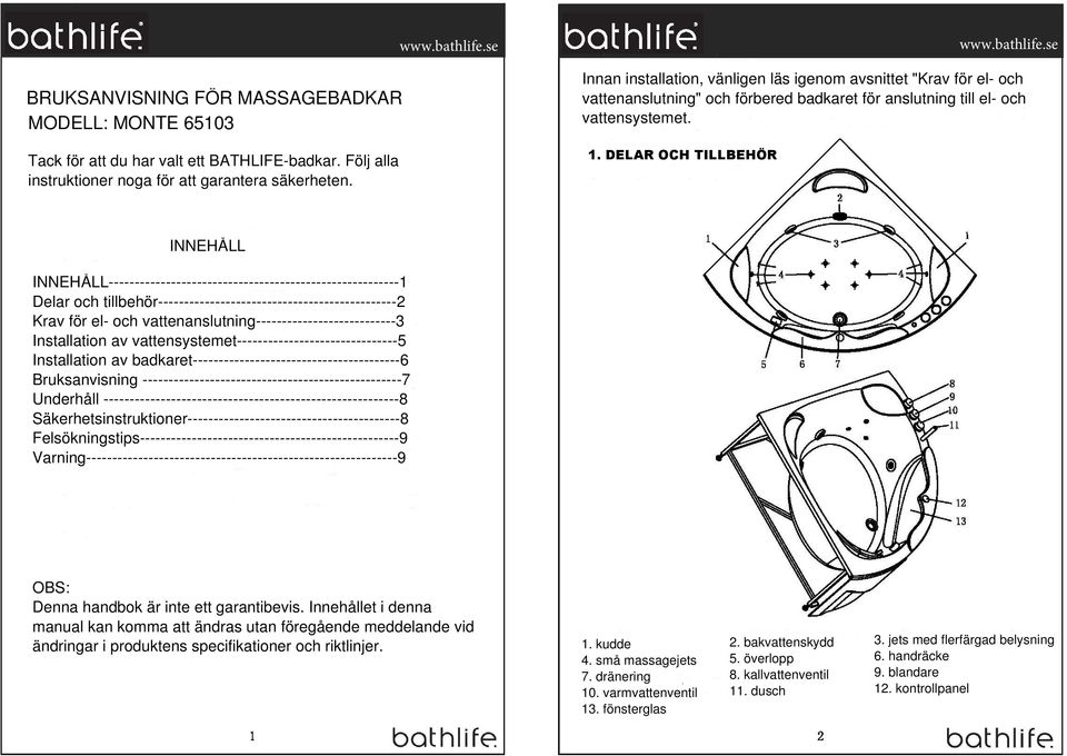 DELAR OCH TILLBEHÖR INNEHÅLL INNEHÅLL--------------------------------------------------------1 Delar och tillbehör----------------------------------------------2 Krav för el- och