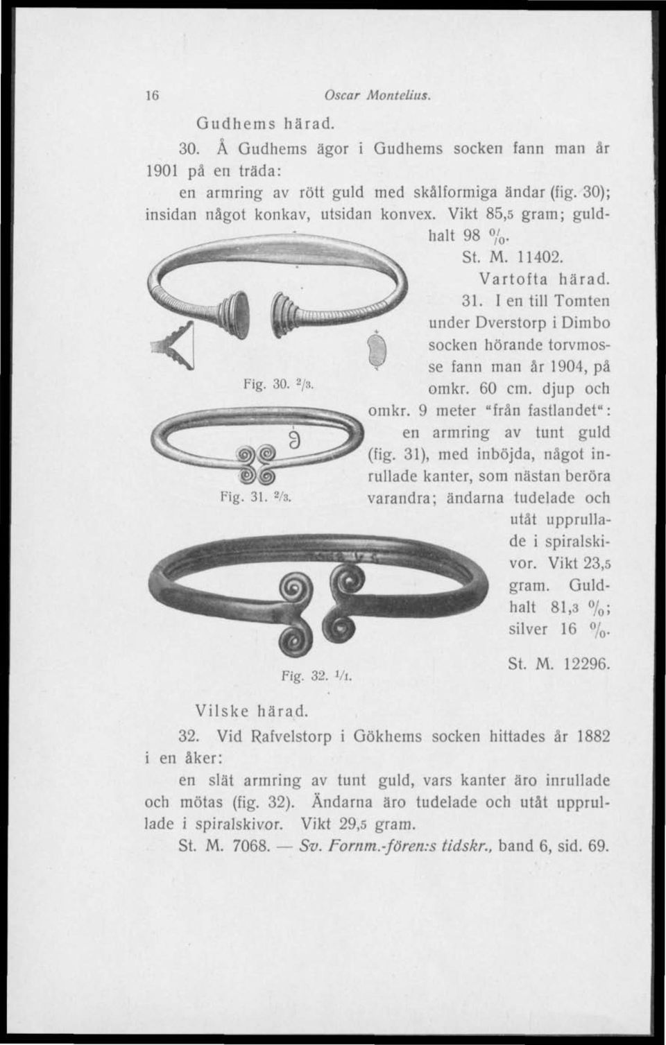 60 cm. djup och omkr. 9 meter "från fastlandet": en armring av tunt guld (fig. 31), med inböjda, något inrullade kanter, som nästan beröra Fig. 31. 2/3.