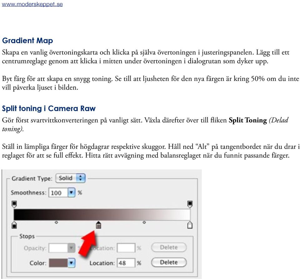 Se till att ljusheten för den nya färgen är kring 50% om du inte vill påverka ljuset i bilden. Split toning i Camera Raw Gör först svartvittkonverteringen på vanligt sätt.