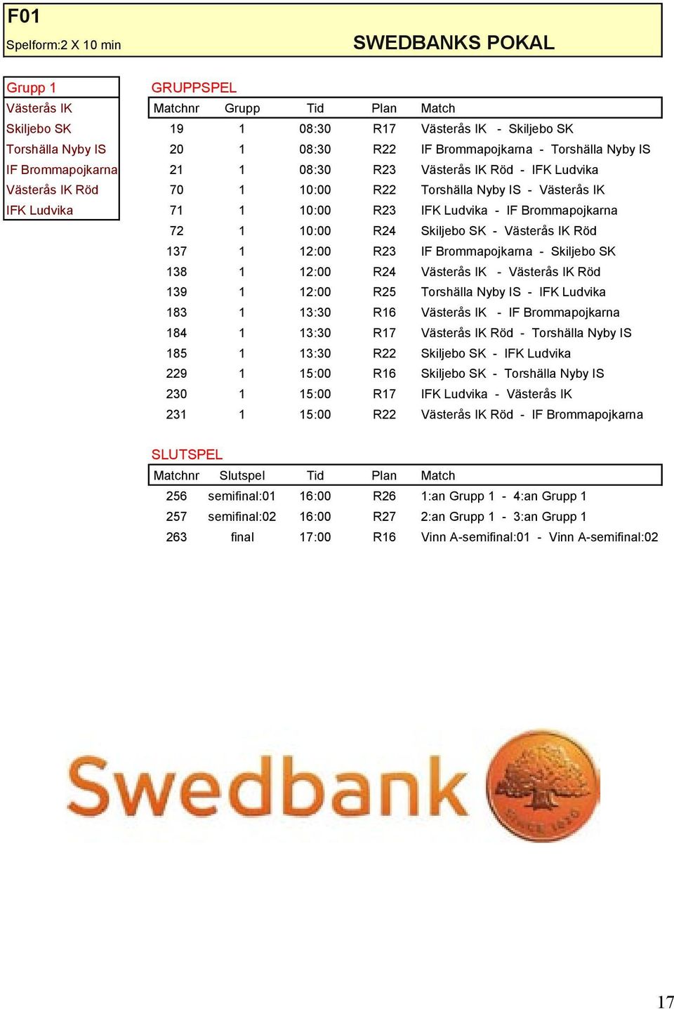 10:00 R24 Skiljebo SK - Västerås IK Röd 137 1 12:00 R23 IF Brommapojkarna - Skiljebo SK 138 1 12:00 R24 Västerås IK - Västerås IK Röd 139 1 12:00 R25 Torshälla Nyby IS - IFK Ludvika 183 1 13:30 R16