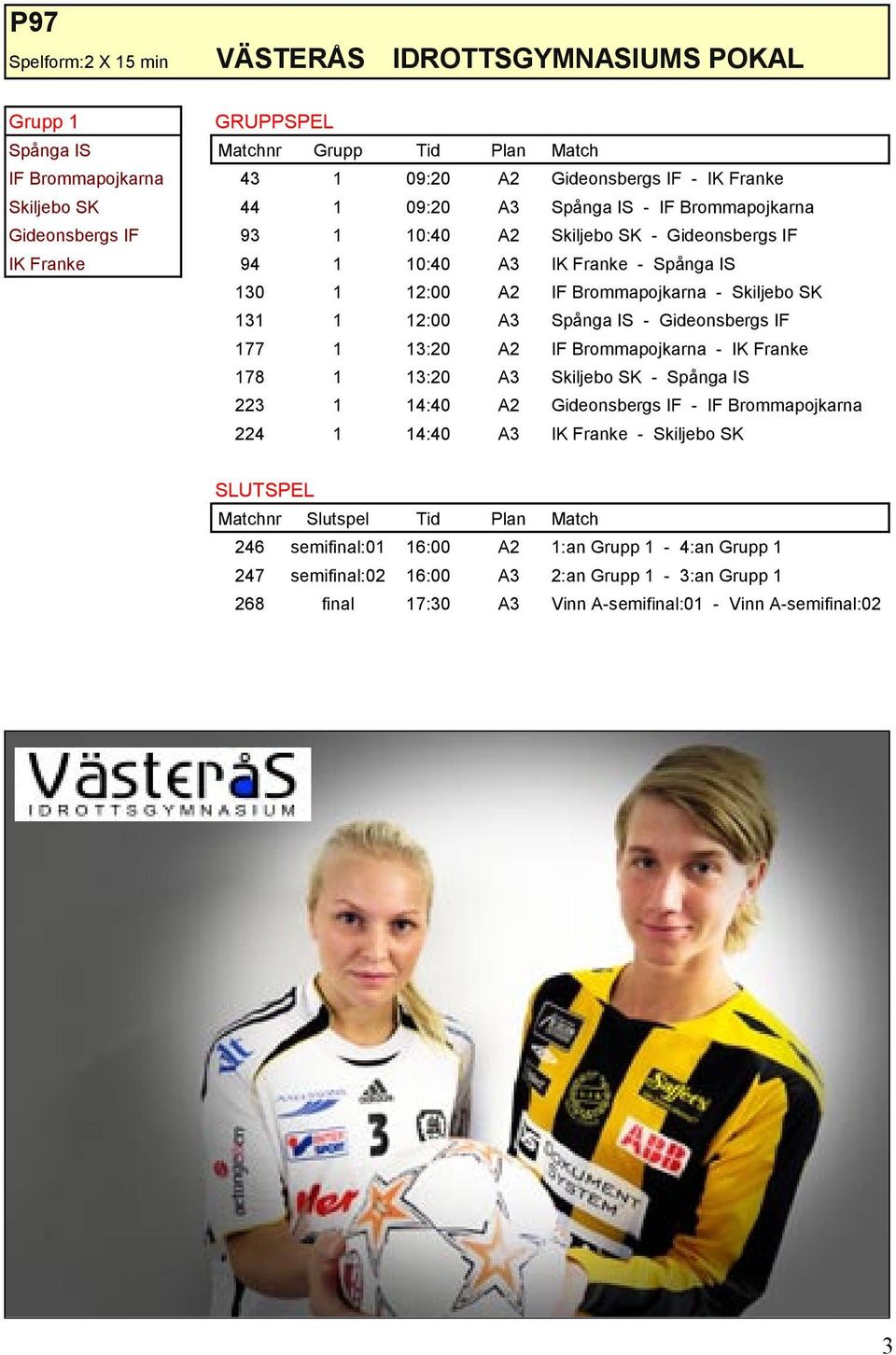 Spånga IS - Gideonsbergs IF 177 1 13:20 A2 IF Brommapojkarna - IK Franke 178 1 13:20 A3 Skiljebo SK - Spånga IS 223 1 14:40 A2 Gideonsbergs IF - IF Brommapojkarna 224 1 14:40 A3 IK Franke -