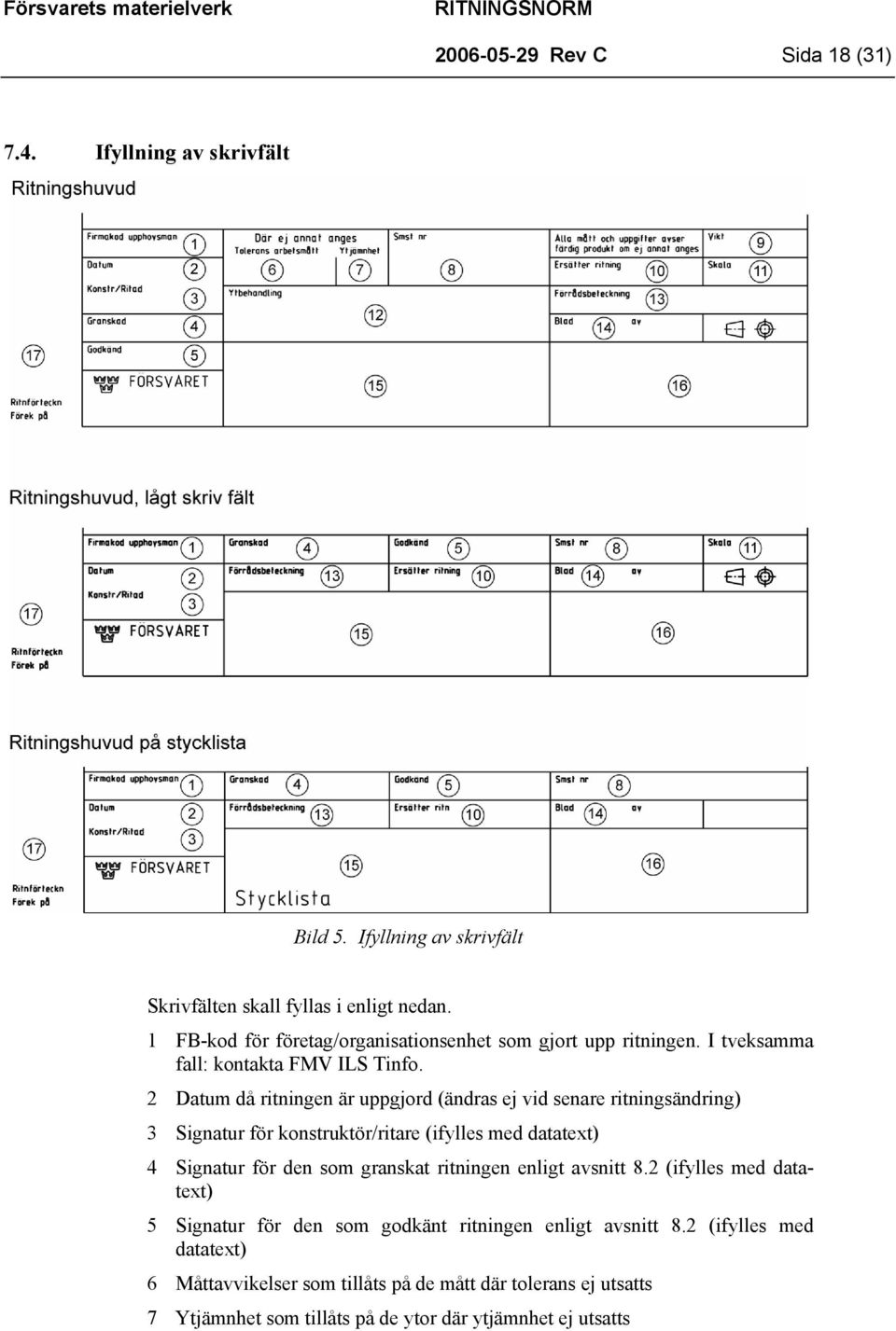 2 Datum då ritningen är uppgjord (ändras ej vid senare ritningsändring) 3 Signatur för konstruktör/ritare (ifylles med datatext) 4 Signatur för den som granskat