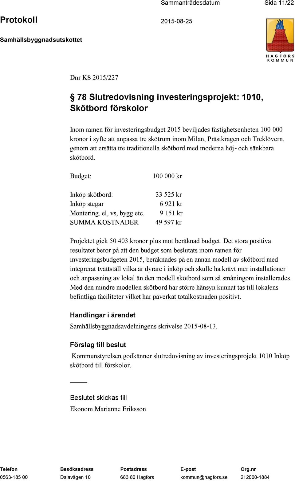 Budget: Inköp skötbord: Inköp stegar Montering, el, vs, bygg etc. SUMMA KOSTNADER 100 000 kr 33 525 kr 6 921 kr 9 151 kr 49 597 kr Projektet gick 50 403 kronor plus mot beräknad budget.