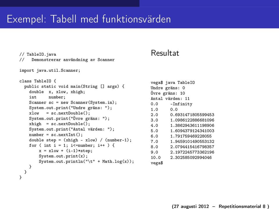 nextdouble(); System.out.print("Övre gräns: "); xhigh = sc.nextdouble(); System.out.print("Antal värden: "); number = sc.