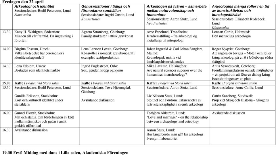 samarbete mellan naturvetenskap och humaniora Sessionsledare: Aaron Stutz, Nya Festsalen Arne Espelund, Trondheim: Jernfremstilling fra arkeologi og metallurgi til antropologi Arkeologins många