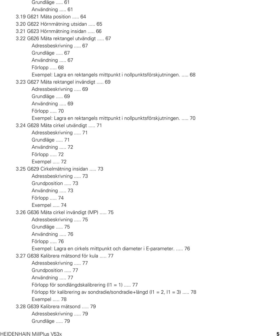 .. 69 Användning... 69 Förlopp... 70 Exempel: Lagra en rektangels mittpunkt i nollpunktsförskjutningen.... 70 3.24 G628 Mäta cirkel utvändigt... 71 Adressbeskrivning... 71 Grundläge... 71 Användning.