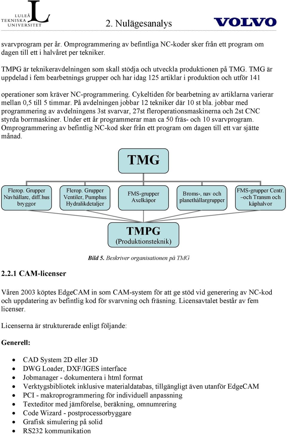 TMG är uppdelad i fem bearbetnings grupper och har idag 125 artiklar i produktion och utför 141 operationer som kräver NC-programmering.