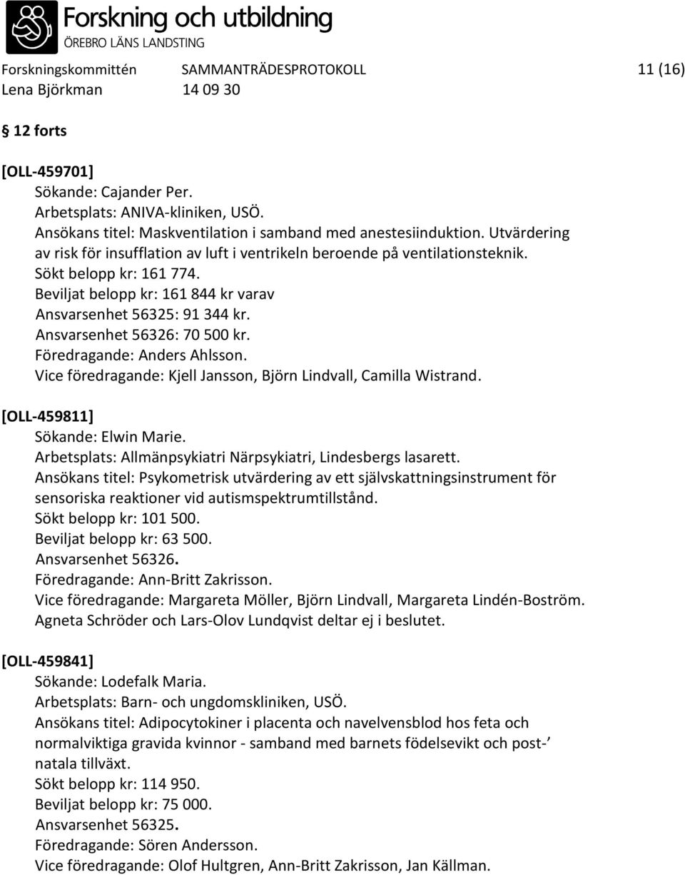 Ansvarsenhet 56326: 70 500 kr. Föredragande: Anders Ahlsson. Vice föredragande: Kjell Jansson, Björn Lindvall, Camilla Wistrand. [OLL-459811] Sökande: Elwin Marie.