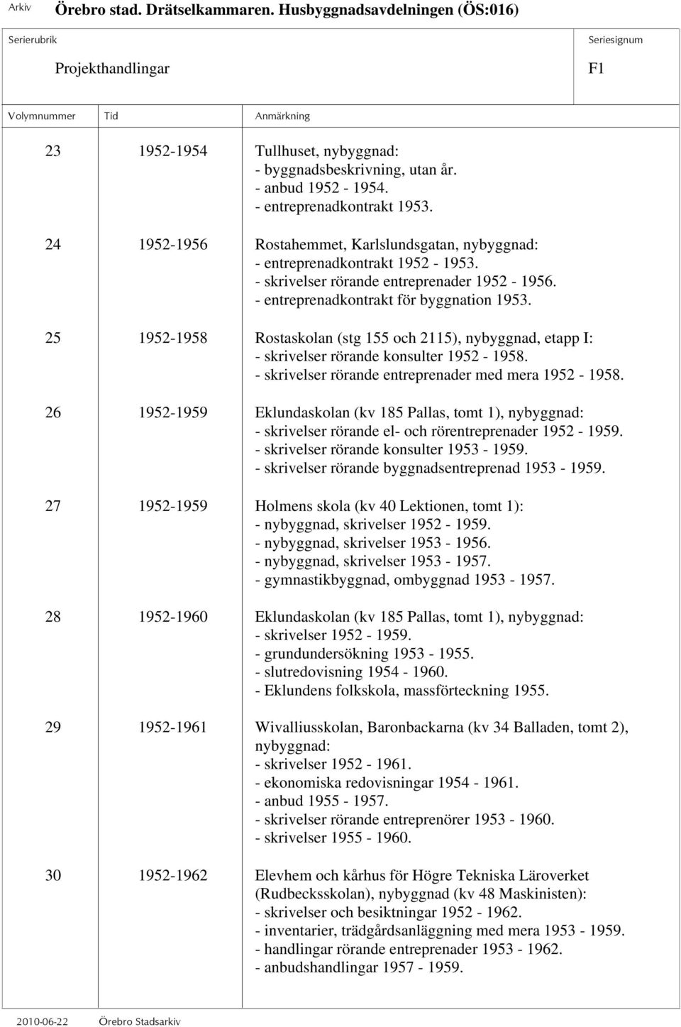 - skrivelser rörande entreprenader med mera 1952-1958. 26 1952-1959 Eklundaskolan (kv 185 Pallas, tomt 1), nybyggnad: - skrivelser rörande el- och rörentreprenader 1952-1959.