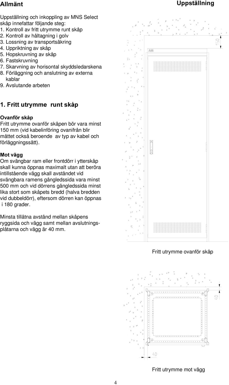 Avslutande arbeten )ULWWXWU\PPHUXQWVNnS 2YDQI UVNnS Fritt utrymme ovanför skåpen bör vara minst 150 mm (vid kabelinföring ovanifrån blir måttet också beroende av typ av kabel och förläggningssätt).