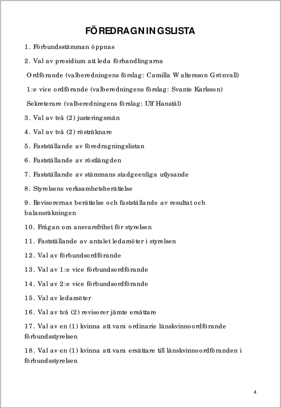 förslag: Ulf Hanstål) 3. Val av två (2) justeringsmän 4. Val av två (2) rösträknare 5. Fastställande av föredragningslistan 6. Fastställande av röstlängden 7.