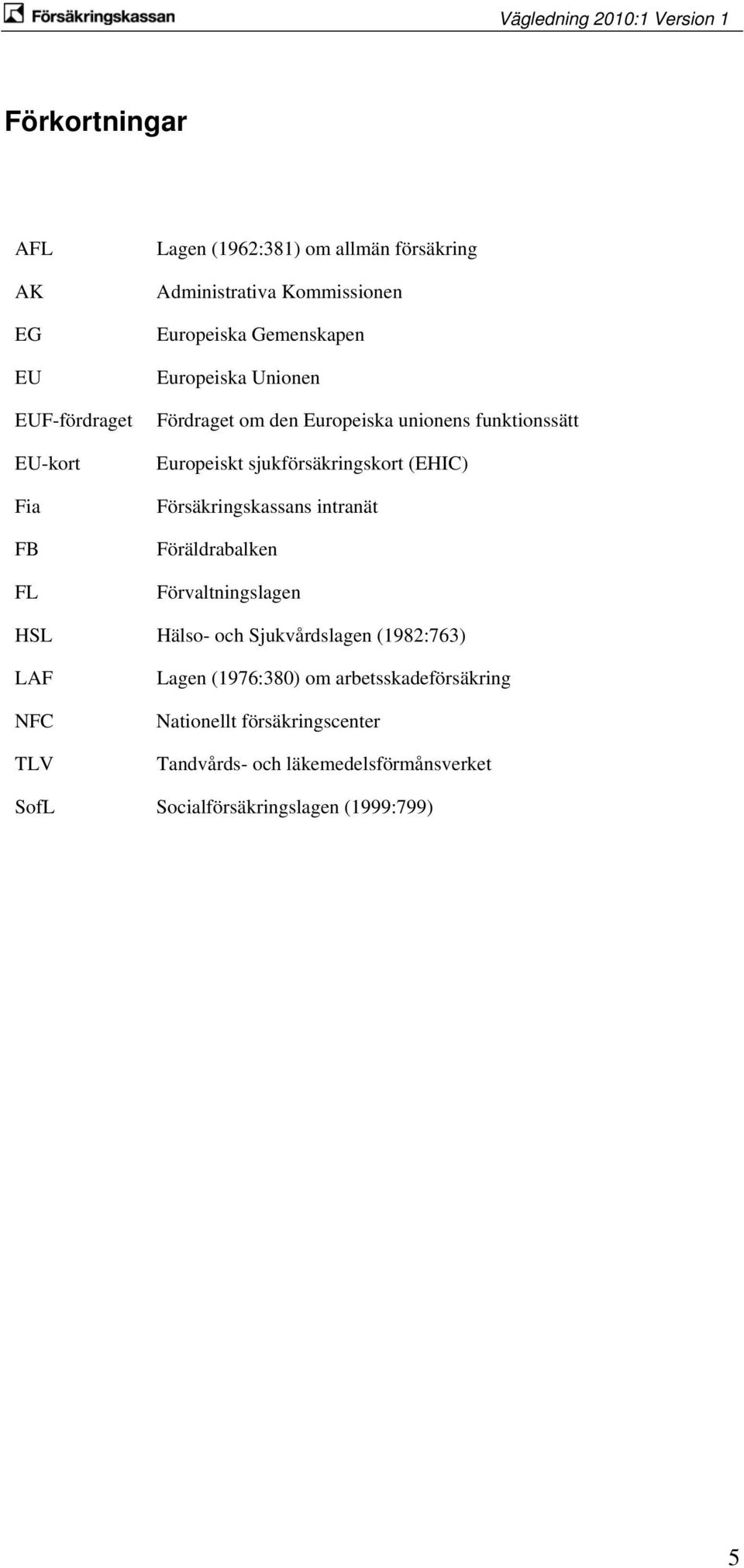 (EHIC) Försäkringskassans intranät Föräldrabalken Förvaltningslagen HSL Hälso- och Sjukvårdslagen (1982:763) LAF NFC TLV Lagen