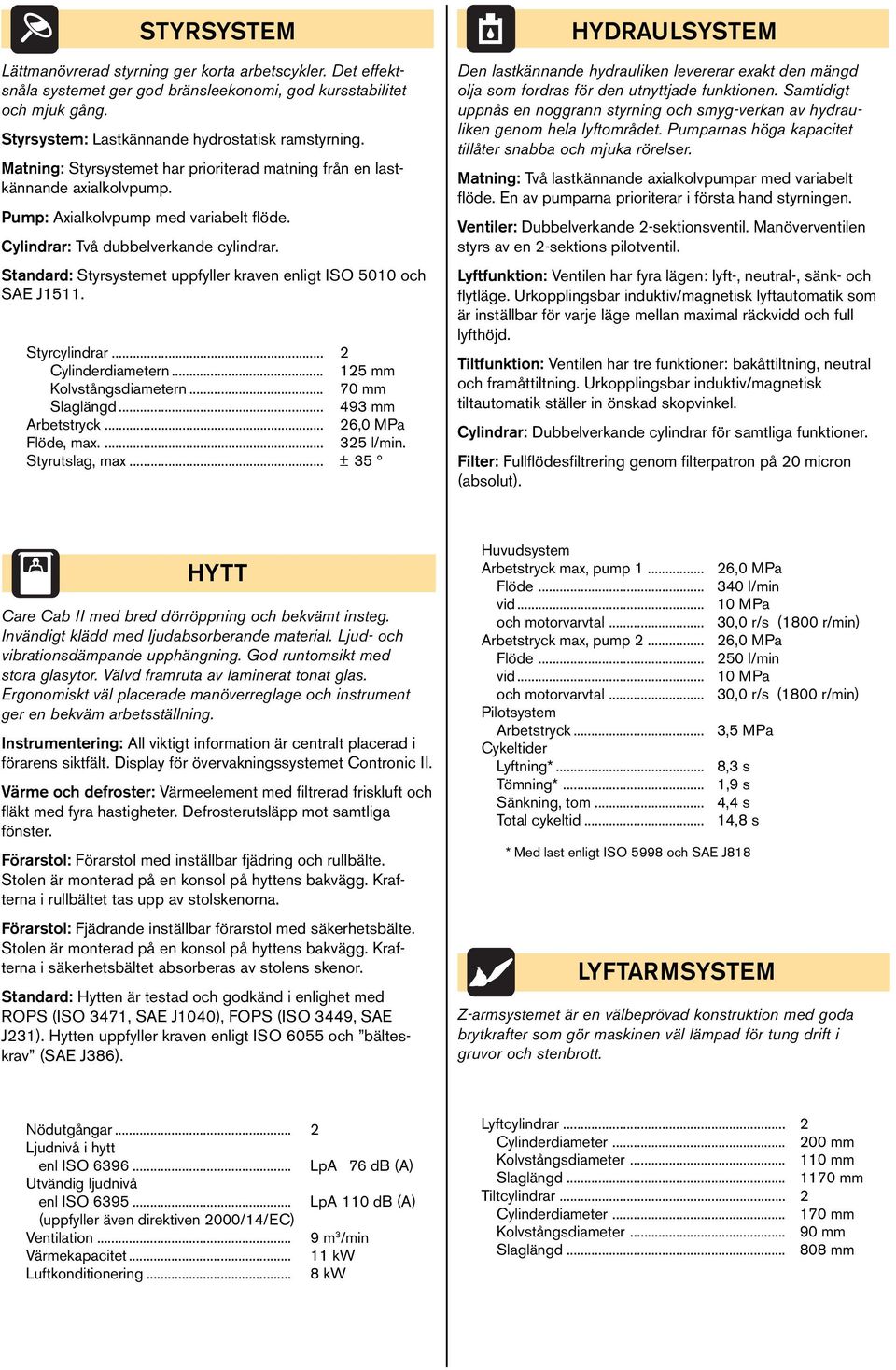 Standard: Styrsystemet uppfyller kraven enligt ISO 5010 och SAE J1511. Styrcylindrar... 2 Cylinderdiametern... 125 Kolvstångsdiametern... 70 Slaglängd... 493 Arbetstryck... 26,0 MPa Flöde, max.