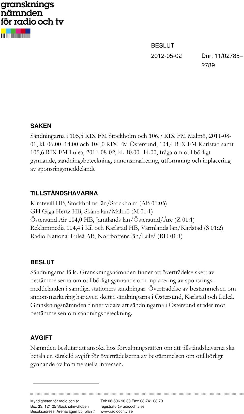 00, fråga om otillbörligt gynnande, sändningsbeteckning, annonsmarkering, utformning och inplacering av sponsringsmeddelande TILLSTÅNDSHAVARNA Kimtevill HB, Stockholms län/stockholm (AB 01:05) GH