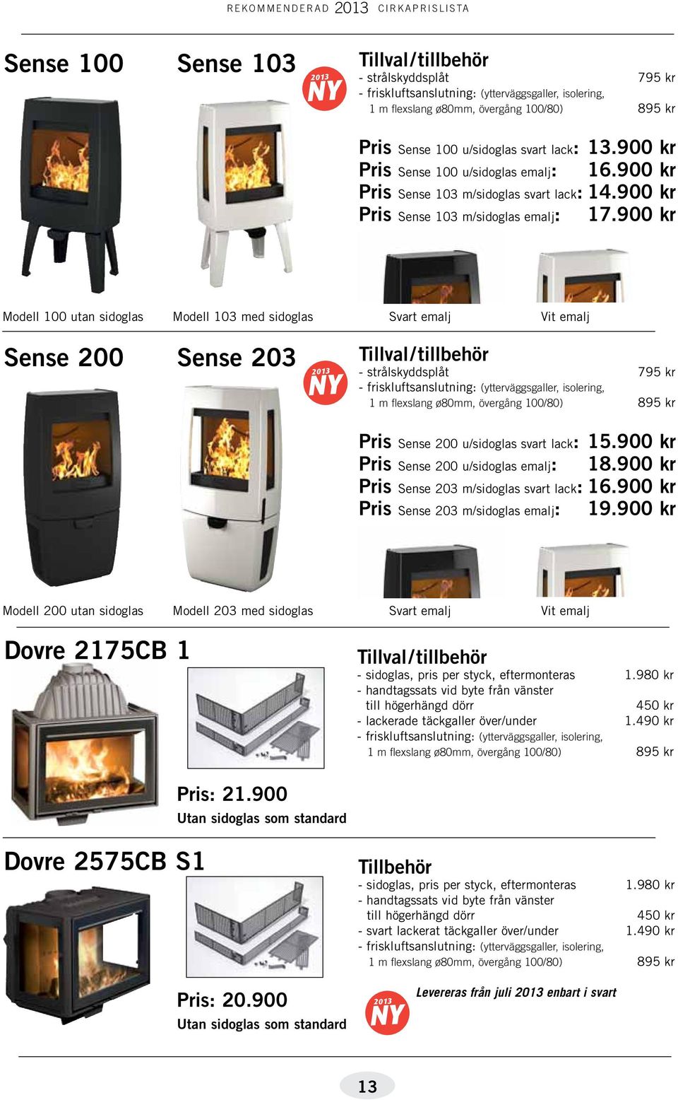 900 kr Modell 100 utan sidoglas Modell 103 med sidoglas Svart emalj Vit emalj Sense 200 Sense 203 NY 2013 - strålskyddsplåt 795 kr Pris Sense 200 u/sidoglas svart lack: 15.