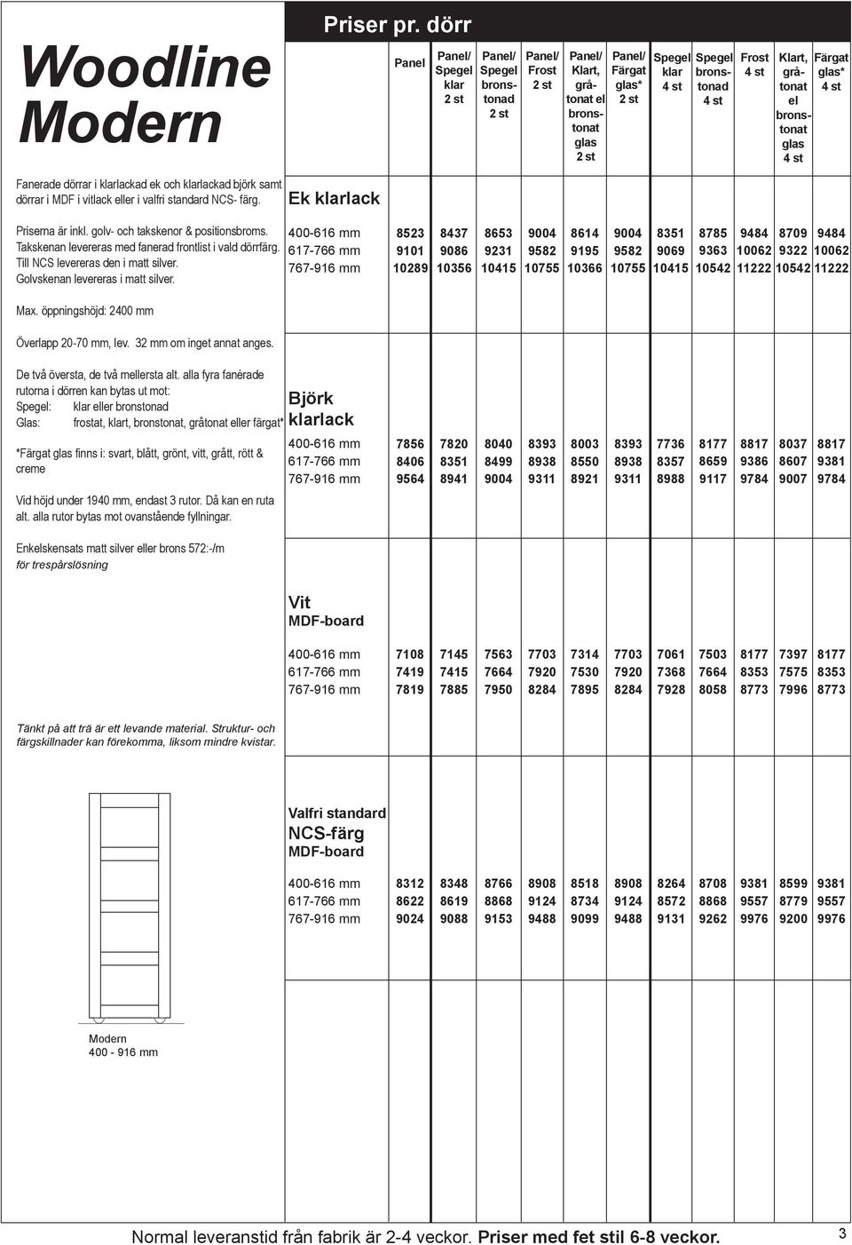 bronstonad 4 st Frost 4 st Klart, gråtonat el bronstonat glas 4 st Färgat glas* 4 st erna är inkl. golv och takskenor & positionsbroms. Takskenan levereras med fanerad frontlist i vald dörrfärg.