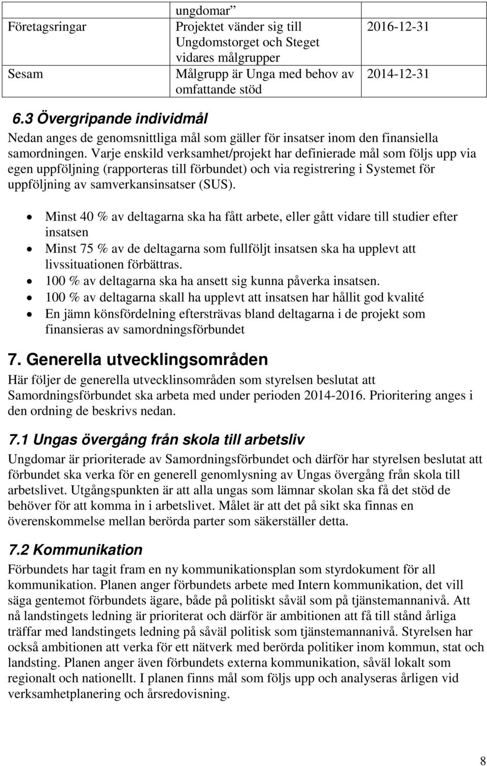 Varje enskild verksamhet/projekt har definierade mål som följs upp via egen uppföljning (rapporteras till förbundet) och via registrering i Systemet för uppföljning av samverkansinsatser (SUS).