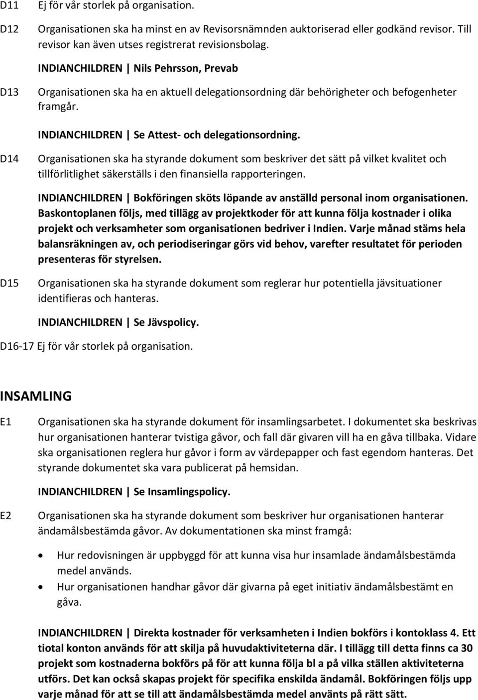 D14 Organisationen ska ha styrande dokument som beskriver det sätt på vilket kvalitet och tillförlitlighet säkerställs i den finansiella rapporteringen.