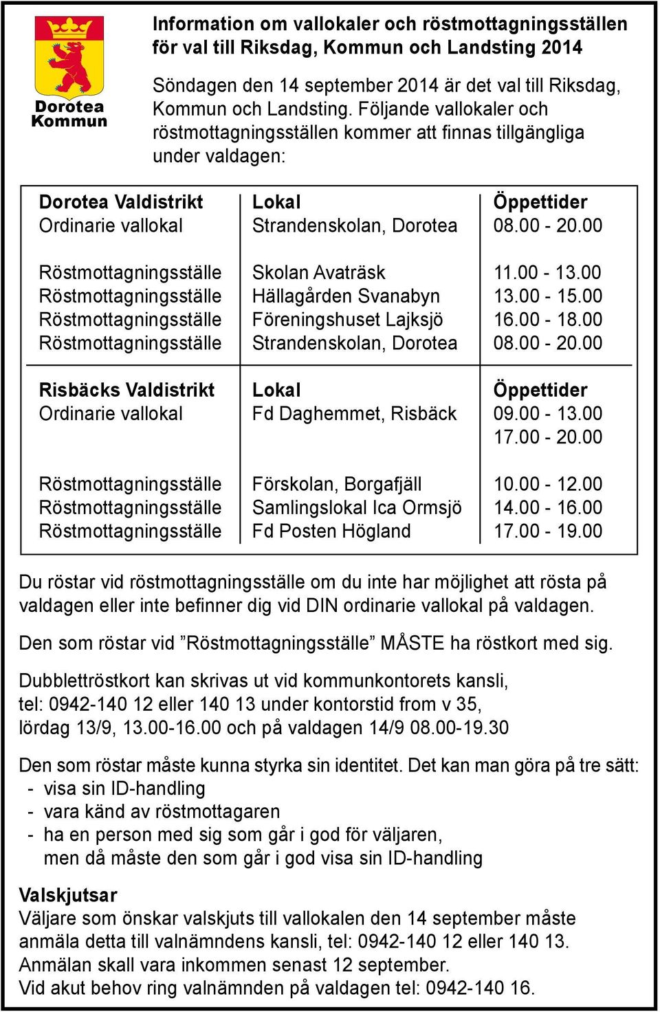 Dorotea Skolan Avaträsk Hällagården Svanabyn Föreningshuset Lajksjö Strandenskolan, Dorotea Lokal Fd Daghemmet, Risbäck Förskolan, Borgafjäll Samlingslokal Ica Ormsjö Fd Posten Högland Öppettider 08.