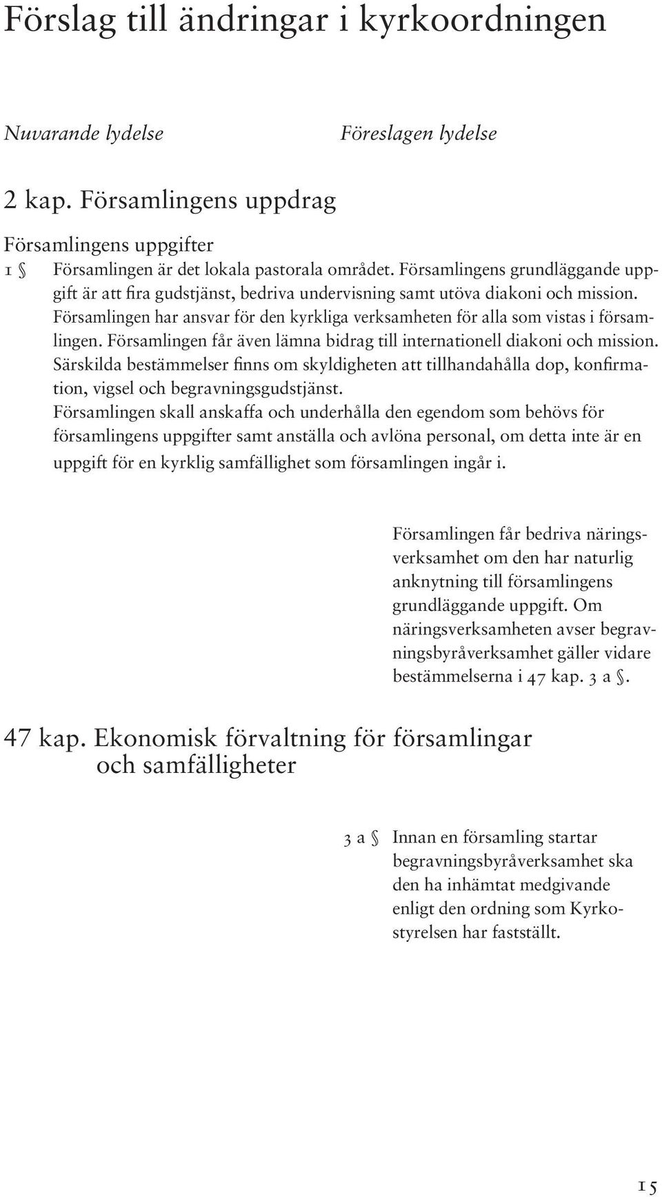 Församlingen har ansvar för den kyrkliga verksamheten för alla som vistas i församlingen. Församlingen får även lämna bidrag till internationell diakoni och mission.