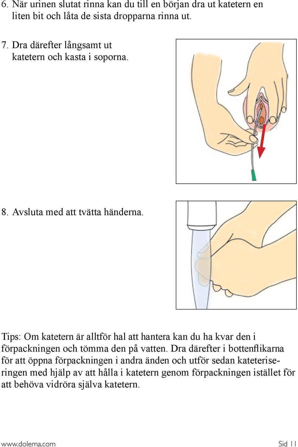 Tips: Om katetern är alltför hal att hantera kan du ha kvar den i förpackningen och tömma den på vatten.