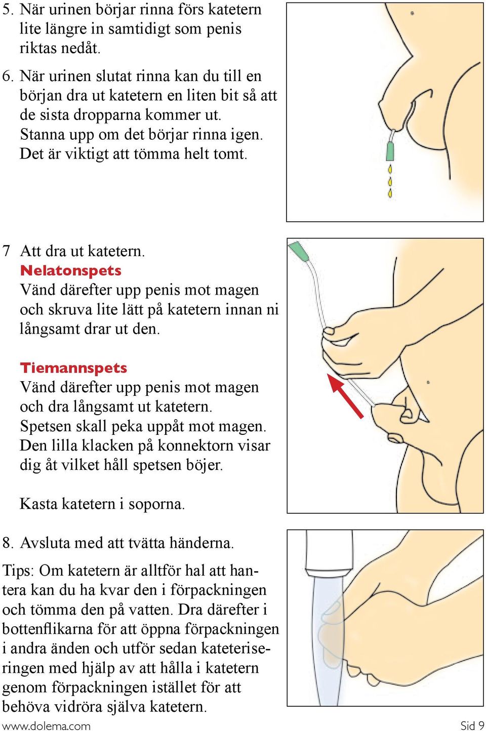 7 Att dra ut katetern. Nelatonspets Vänd därefter upp penis mot magen och skruva lite lätt på katetern innan ni långsamt drar ut den.