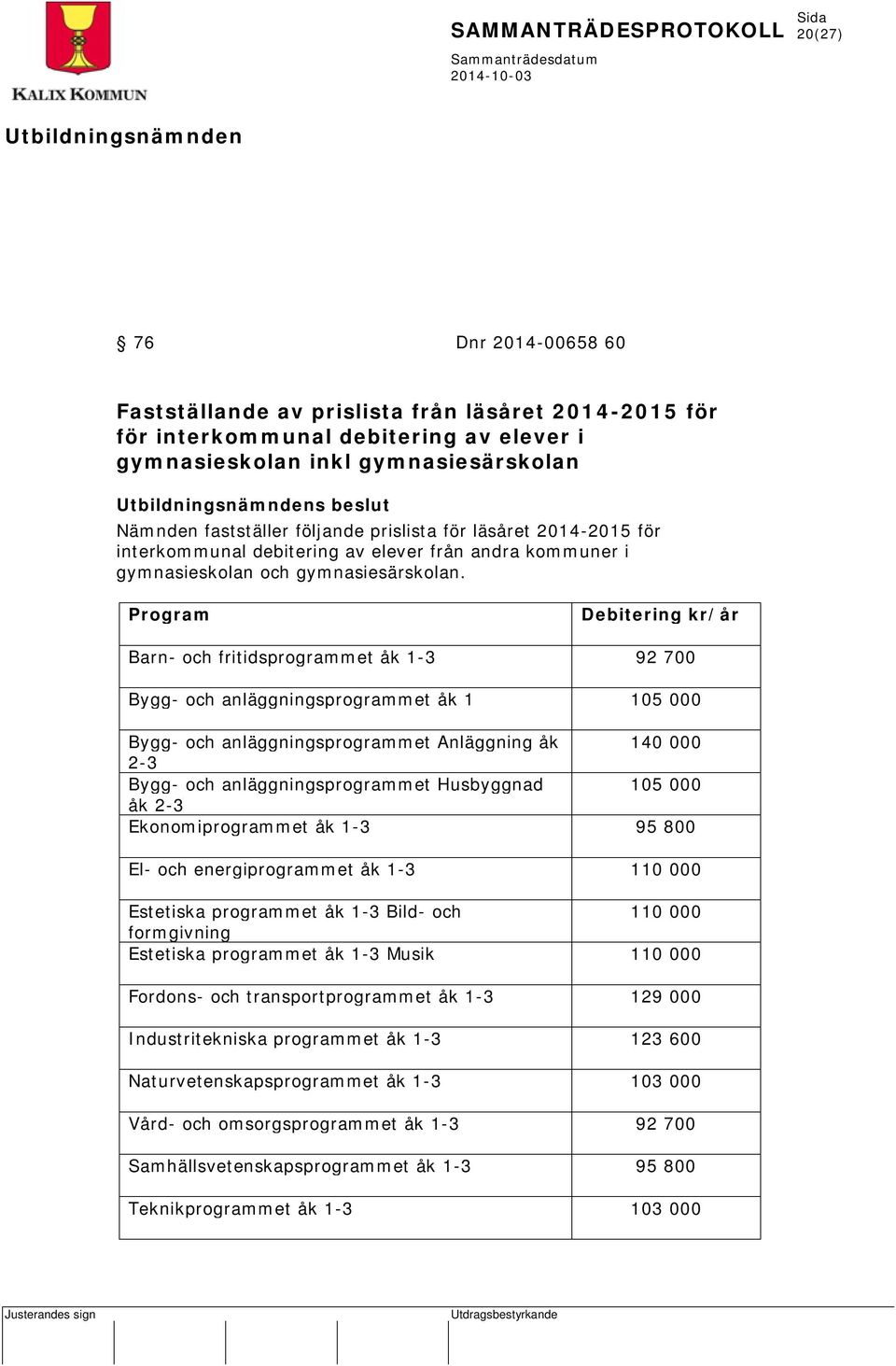 Program Debitering kr/år Barn- och fritidsprogrammet åk 1-3 92 700 Bygg- och anläggningsprogrammet åk 1 105 000 Bygg- och anläggningsprogrammet Anläggning åk 140 000 2-3 Bygg- och