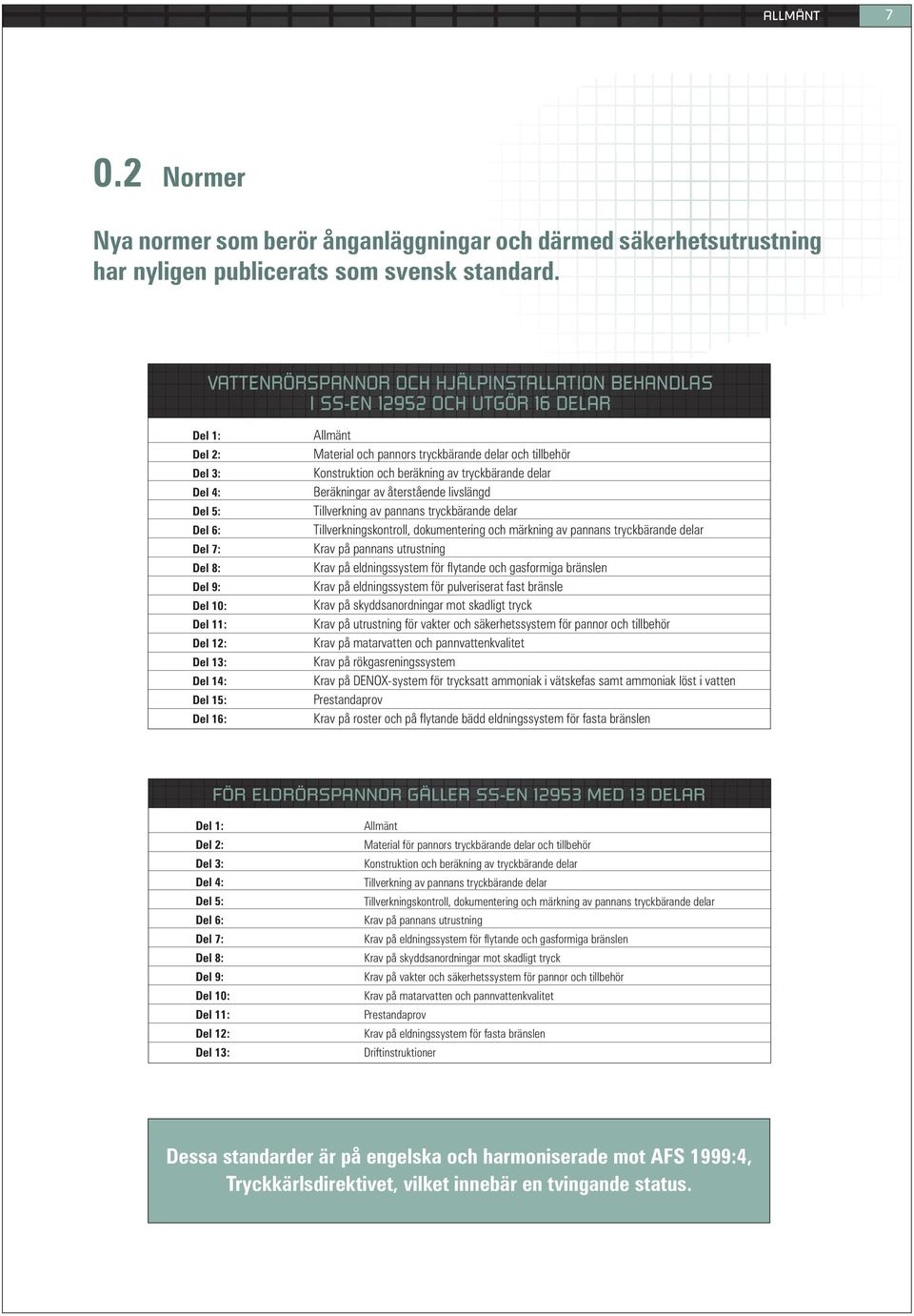 16: Allmänt Material och pannors tryckbärande delar och tillbehör Konstruktion och beräkning av tryckbärande delar Beräkningar av återstående livslängd Tillverkning av pannans tryckbärande delar