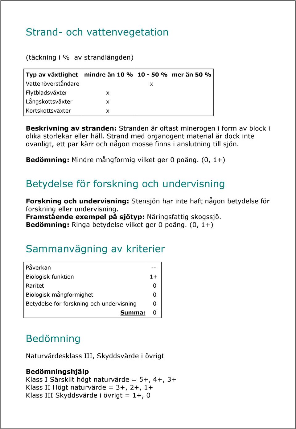 Bedömning: Mindre mångformig vilket ger 0 poäng. (0, 1+) Betydelse för forskning och undervisning Forskning och undervisning: Stensjön har inte haft någon betydelse för forskning eller undervisning.