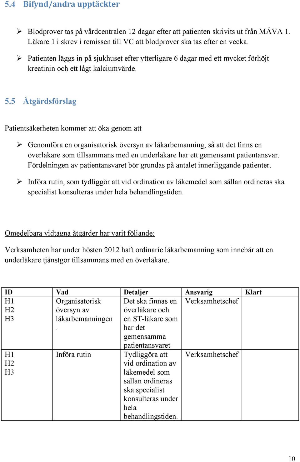 5 Åtgärdsförslag Patientsäkerheten kommer att öka genom att Genomföra en organisatorisk översyn av läkarbemanning, så att det finns en överläkare som tillsammans med en underläkare har ett gemensamt