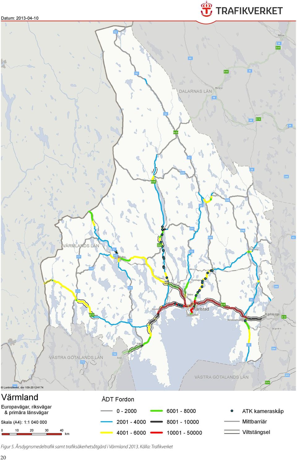 511 164 Lantmäteriet, dnr 109-2012/4174 Värmland uropavägar, riksvägar & primära länsvägar Skala (A4): 1:1 040 000 621 0 10 20 30 40 km 636 ÅDT Fordon 0-2000 2001-4000 4001-6000 6001-8000