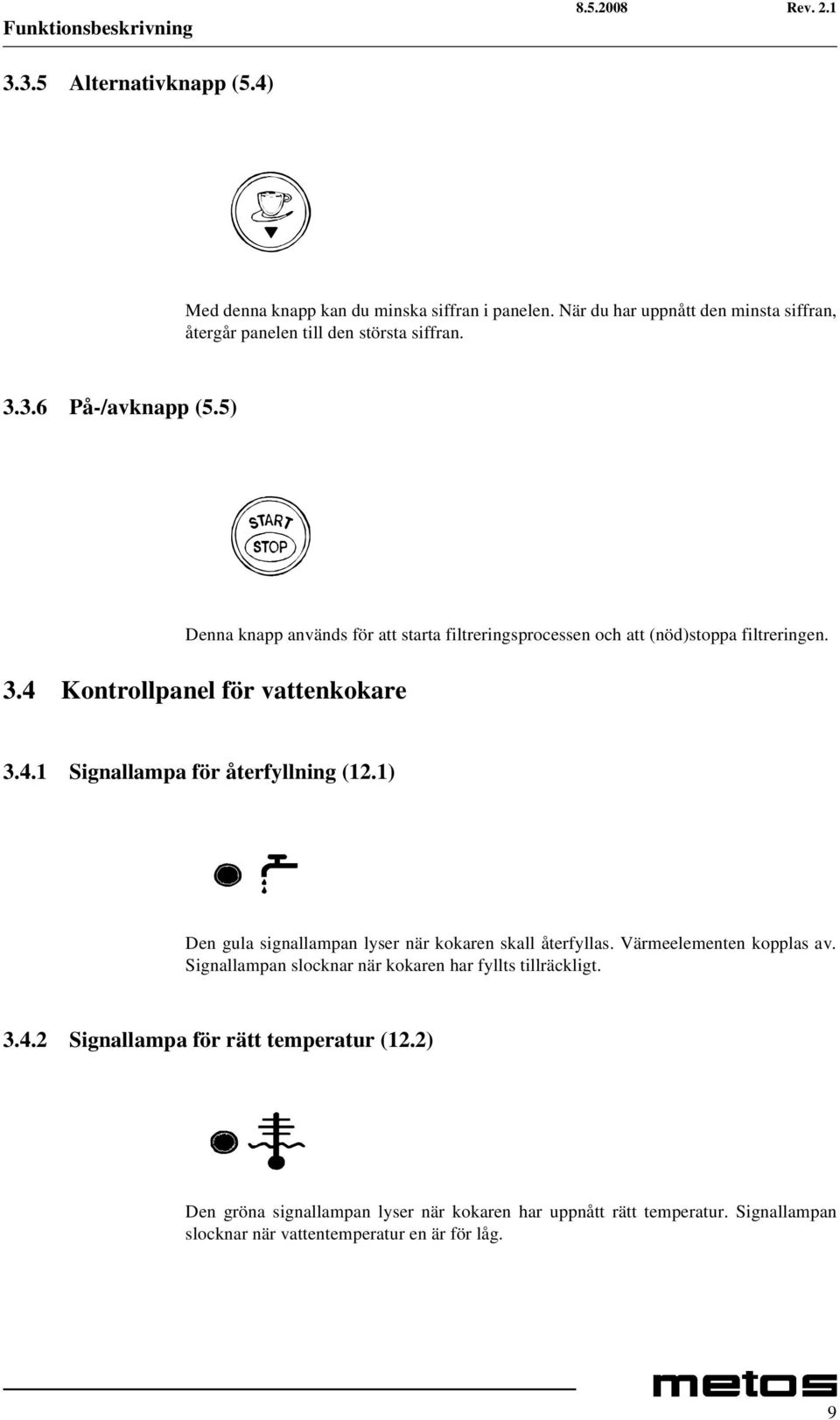 5) Denna knapp används för att starta filtreringsprocessen och att (nöd)stoppa filtreringen. 3.4 Kontrollpanel för vattenkokare 3.4.1 Signallampa för återfyllning (12.