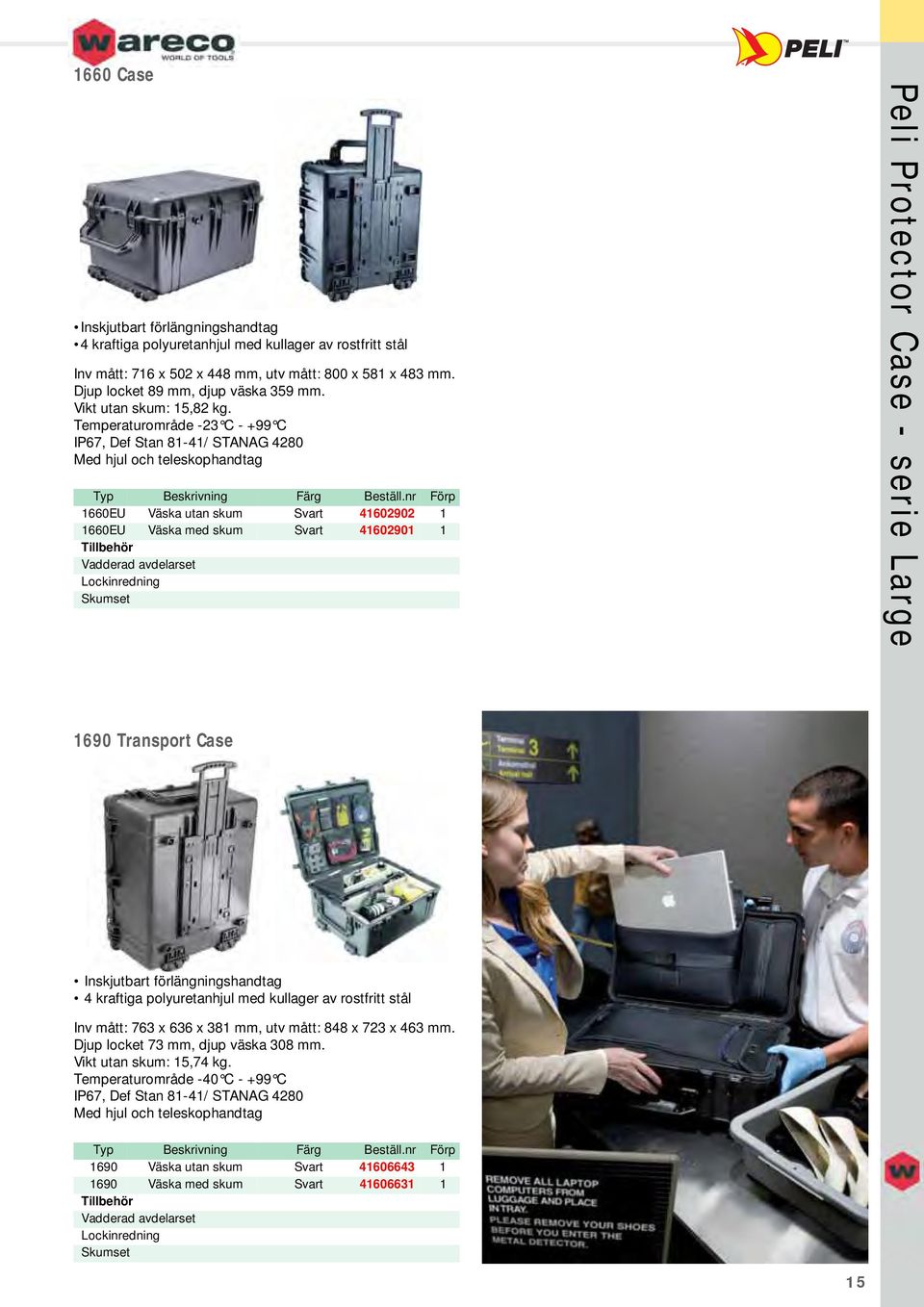 Temperaturområde -23 C - +99 C Med hjul och teleskophandtag 1660EU Väska utan skum Svart 41602902 1 1660EU Väska med skum Svart 41602901 1 Peli Protector Case - serie Large