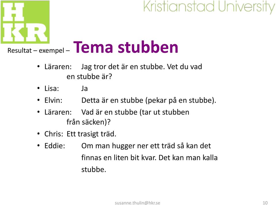 Läraren: Vad är en stubbe (tar ut stubben från säcken)? Chris: Ett trasigt träd.